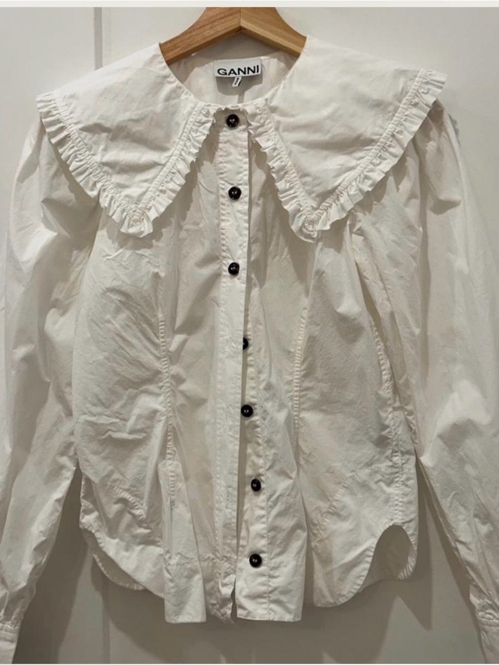Ganni White Ruffled Oversized Collar Button-Down Shirt